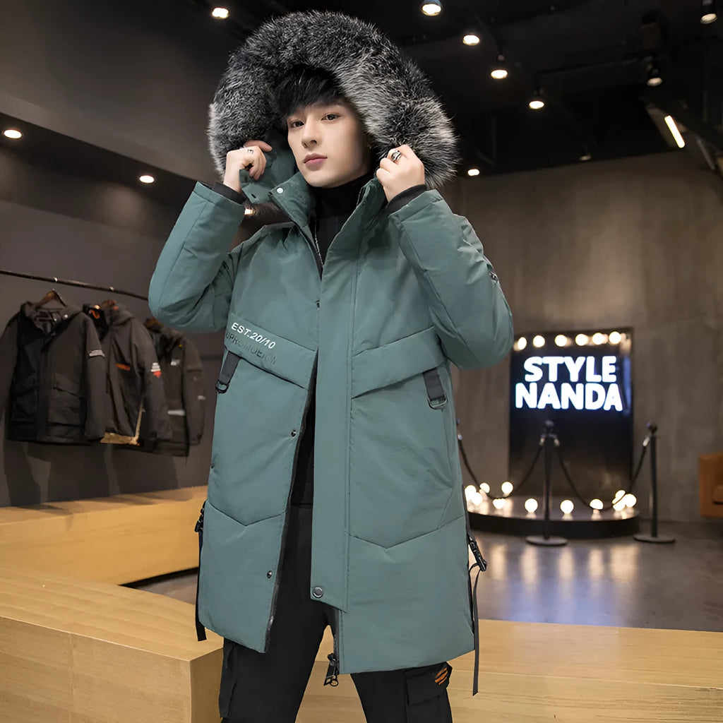 Men's long down jacket with white duck down filler, polyester lining, green or black, sizes M-3XL