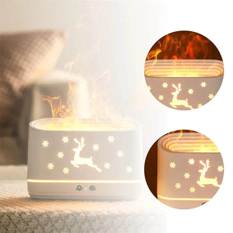 White round humidifier diffuser with glowing flame effect light and USB cable