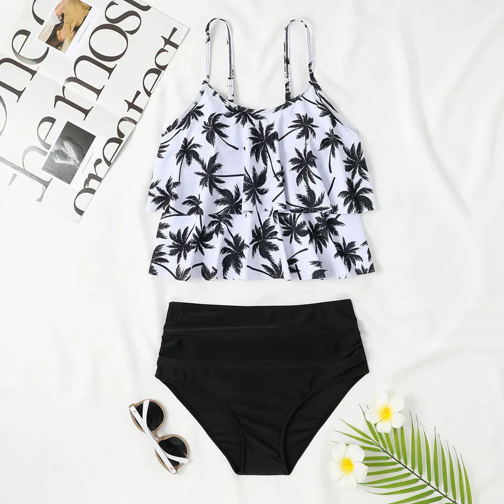 High waist double-layer swimsuit in black and coconut tree print with briefs style for swimming