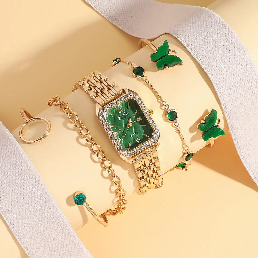 Gold green square steel watch with four matching bracelets in fashion accessory set