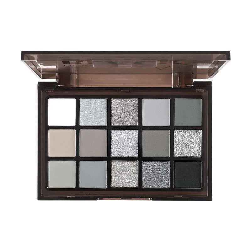 15-colour eyeshadow palette open showing matte and shimmer shades including browns and blues