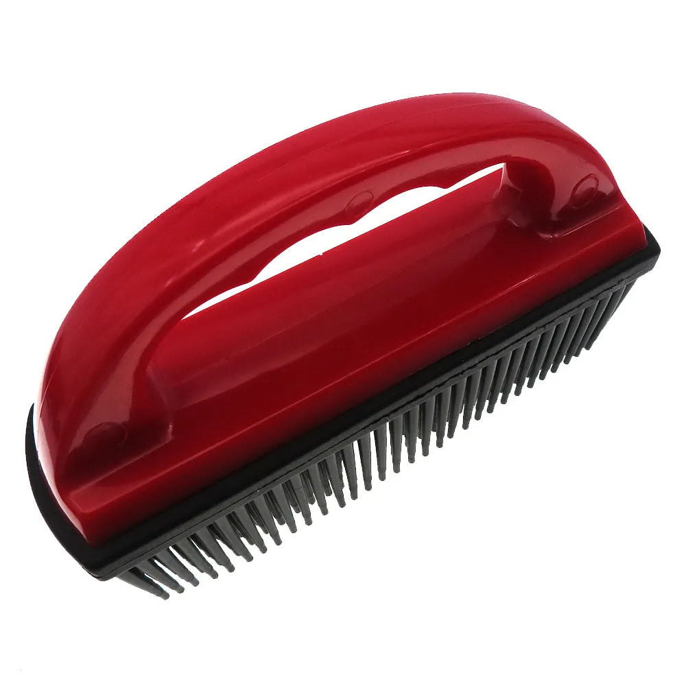 Red pet hair removal brush with silicone bristles measuring 160x85mm and ergonomic plastic handle