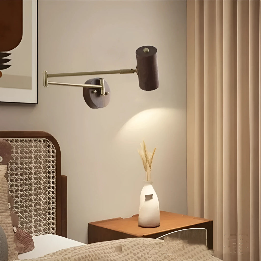 Retro style wall lamp with long rotating arm and built-in switch in walnut finish