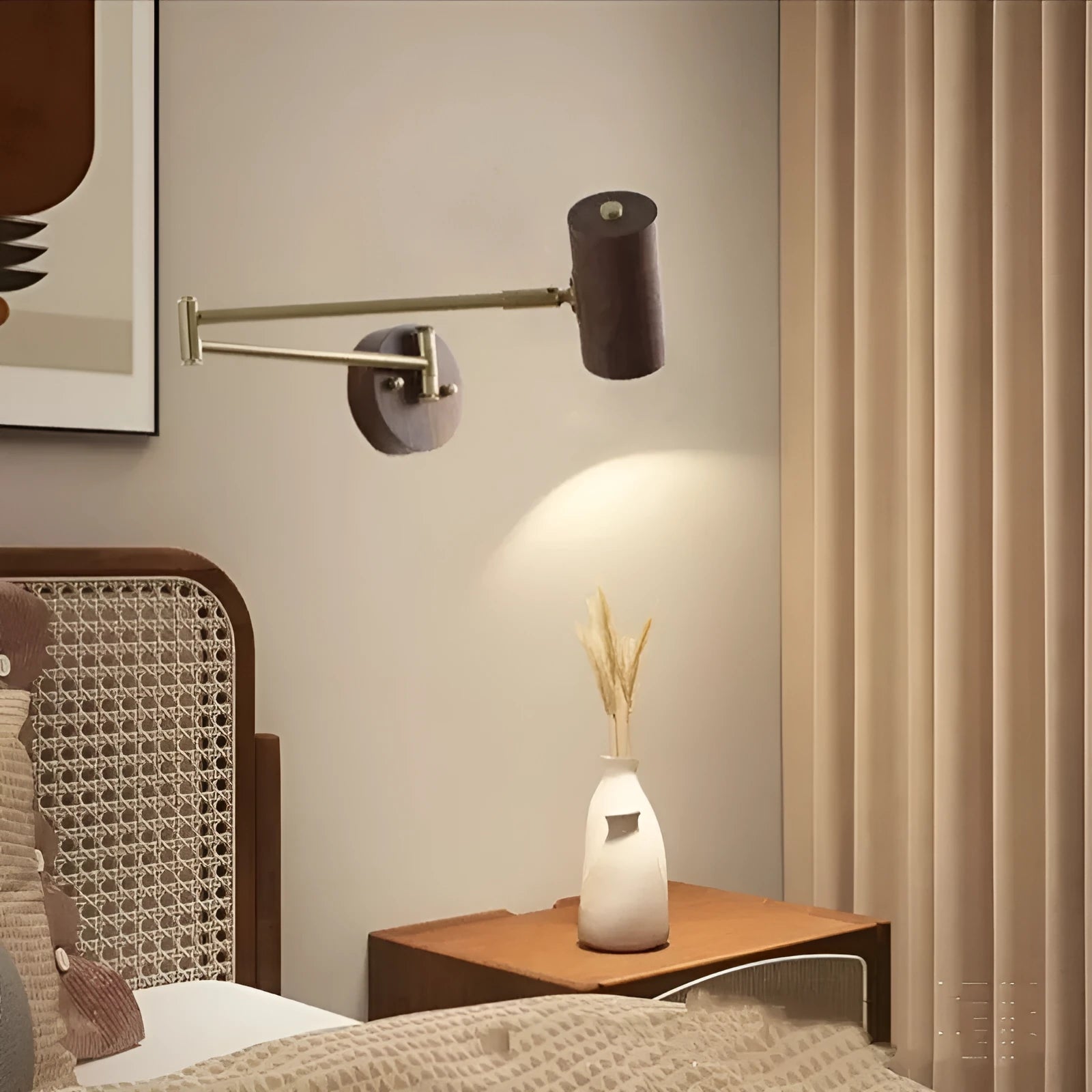 Retro style wall lamp with long rotating arm and built-in switch in walnut finish