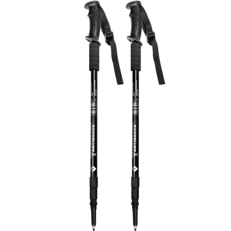 A pair of adjustable silver aluminium trekking poles with various foot attachments on a hiking trail.