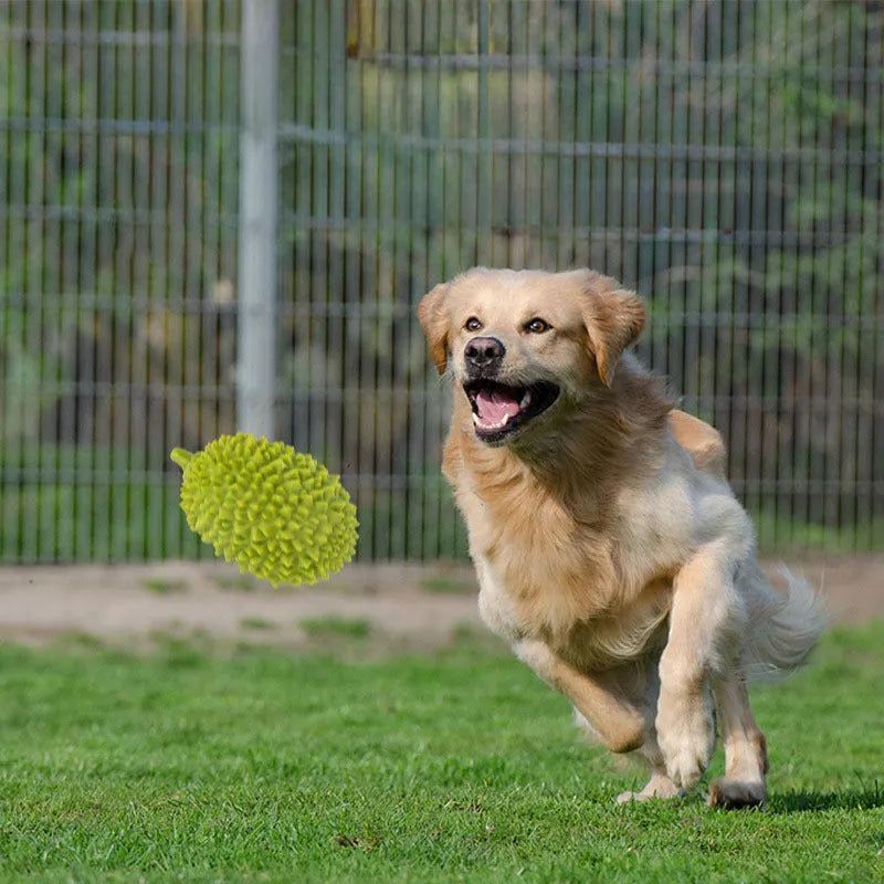 Durian-shaped dog chew toy in yellow with raised surfaces for teeth cleaning
