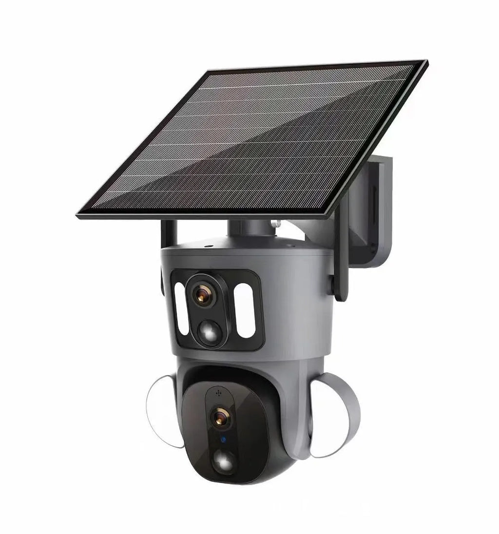 Solar-powered binocular outdoor security camera with dual lenses on a mounting bracket.