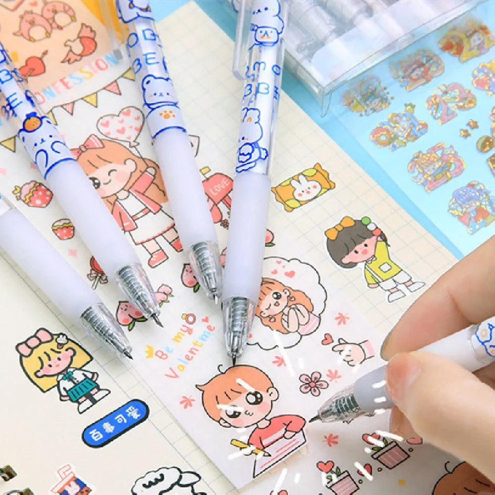 Cute Cream Bear press pen knife set with six character designs including Orange Bear and Bowtie Rabbit