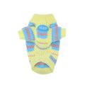 Blue and yellow striped wool sweater for small dogs on a white background