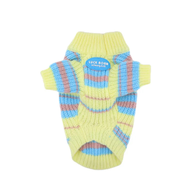 Blue and yellow striped wool sweater for small dogs on a white background