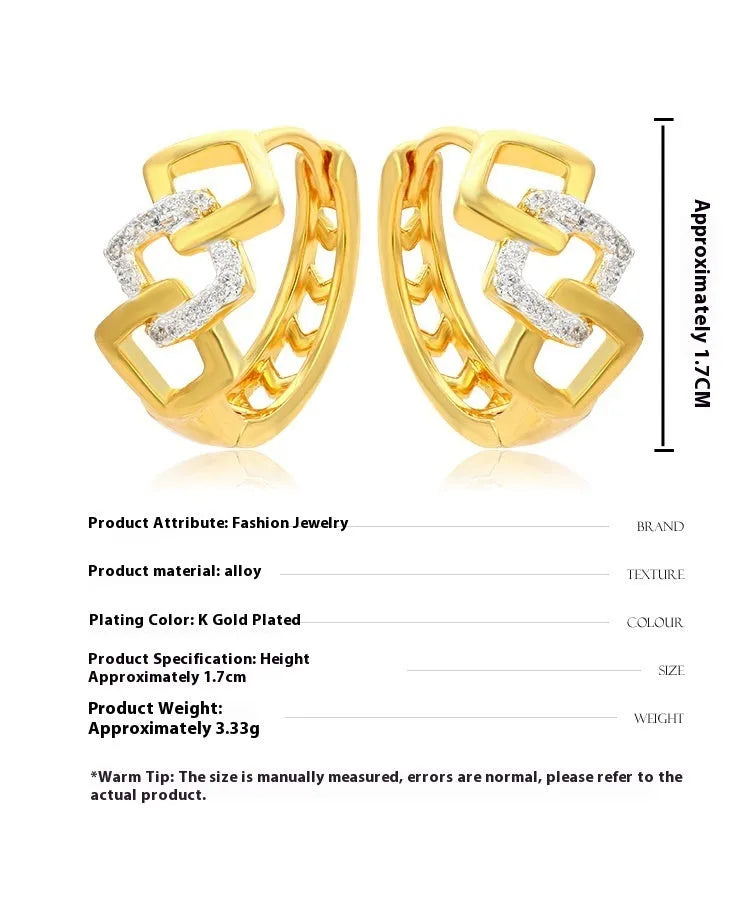 Geometric hollow-out gold electroplated alloy earrings with ear clip fastening, lightweight 2.5g design