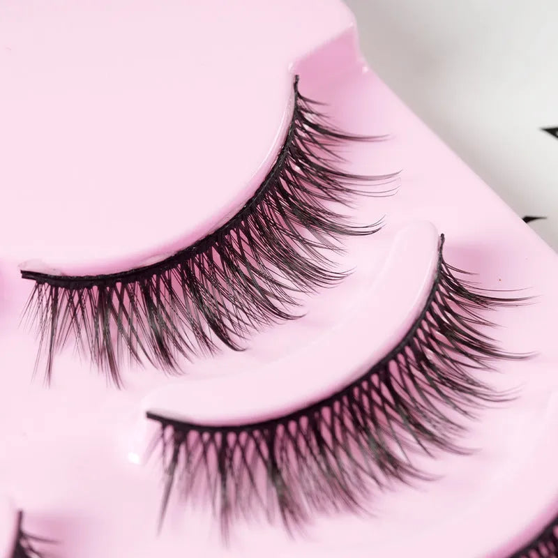 Pack of 5 pairs of black manga false eyelashes in three natural wispy styles 007, 008, 009 for cosplay.