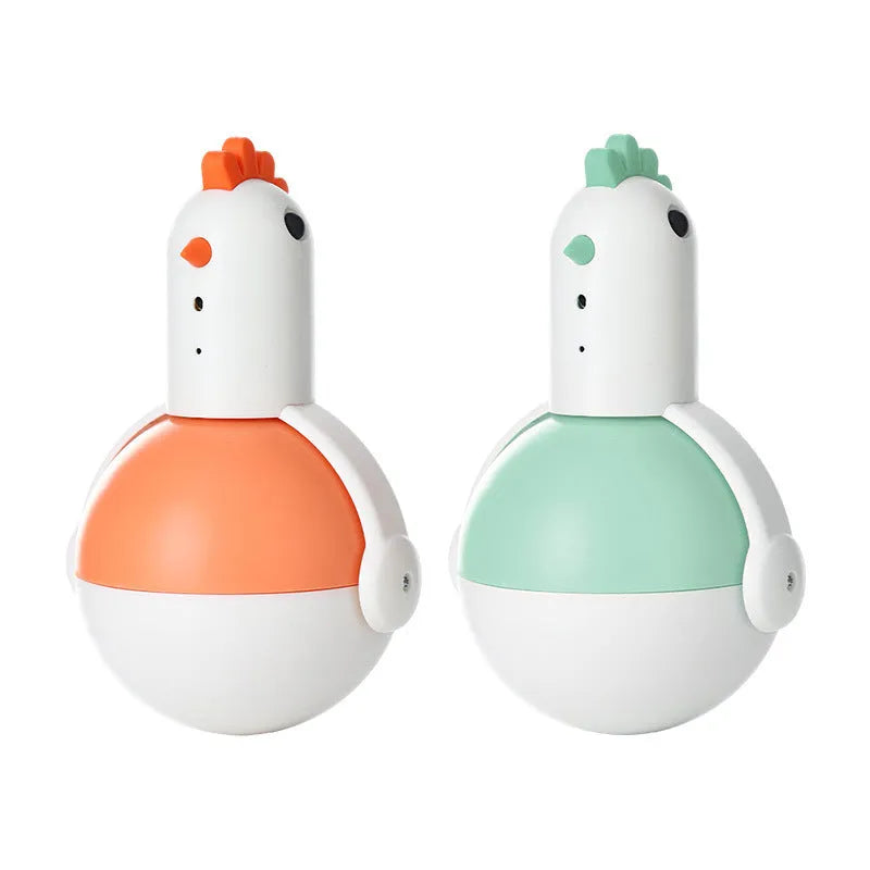 Green and orange electric cat toy chicken with infrared sensor and self-balancing base.