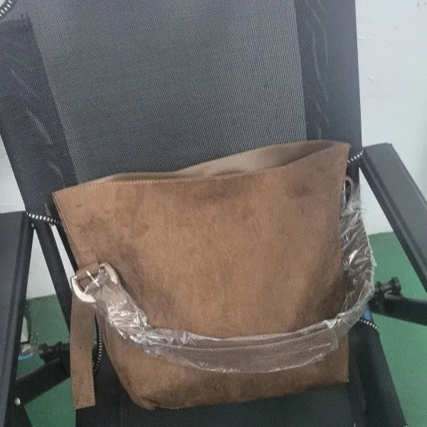 Brown velvet bucket shoulder bag for women with slit pocket, 40 x 15 x 25cm