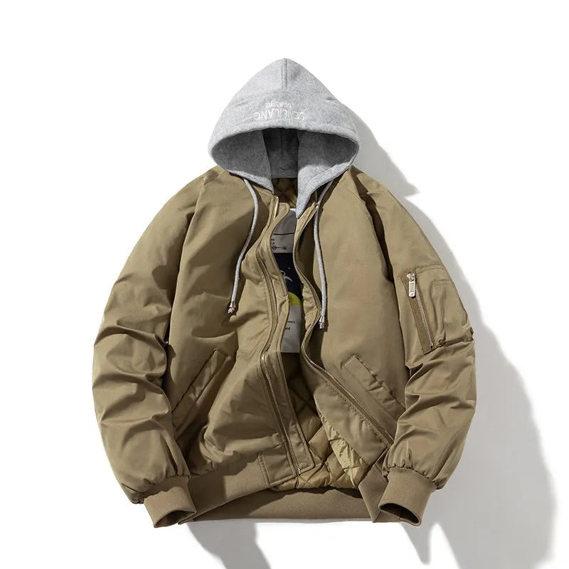 Men's black pilot jacket with loose fit shown on model, featuring pocket detailing with embedded lines