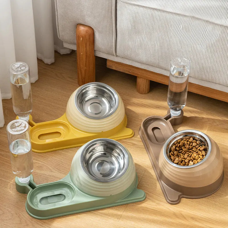 Brown elevated cat bowl with water dispenser, food-grade materials, automatic 2-3 day water supply