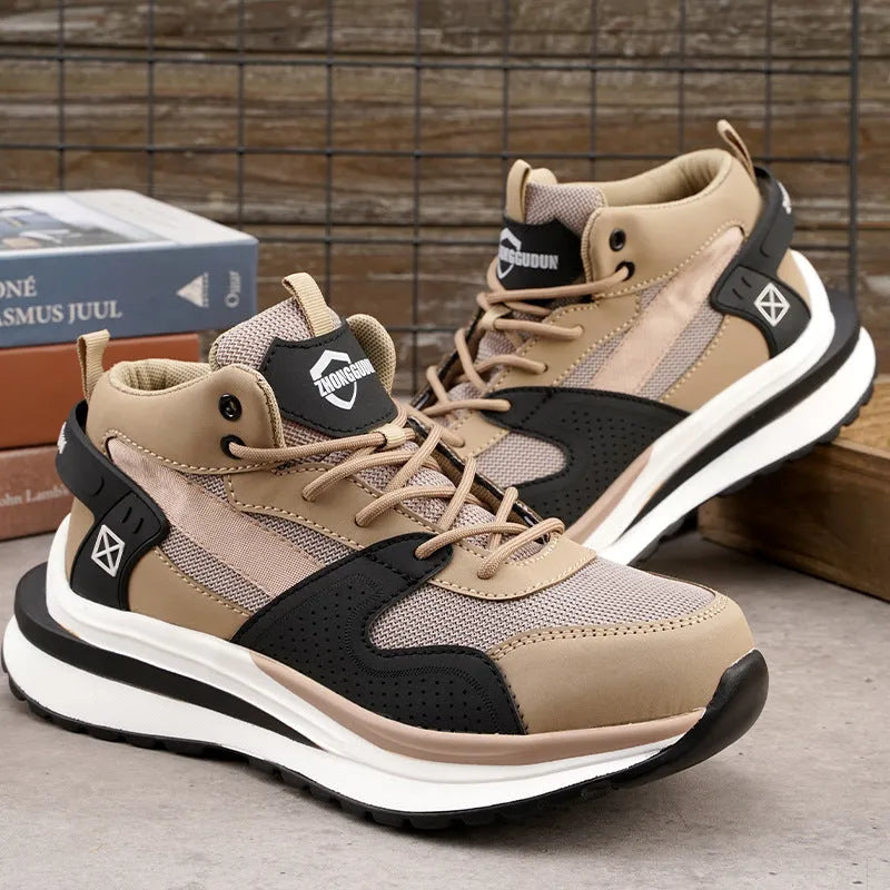 Low-top black safety work boot with lace-up front and steel toe cap on a construction site background.