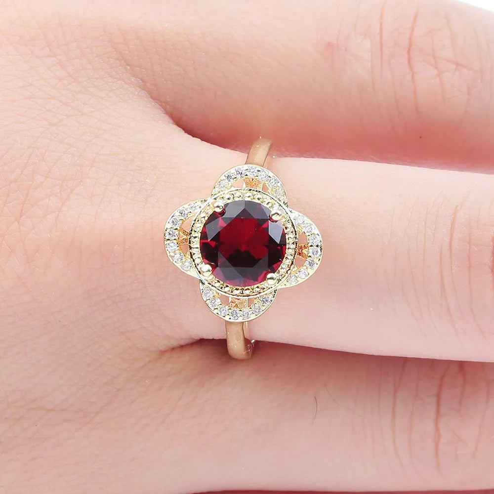 Copper ring with inlaid zircon stone in fruit-shaped design, electroplated finish, UK sizes 7 8 9 available