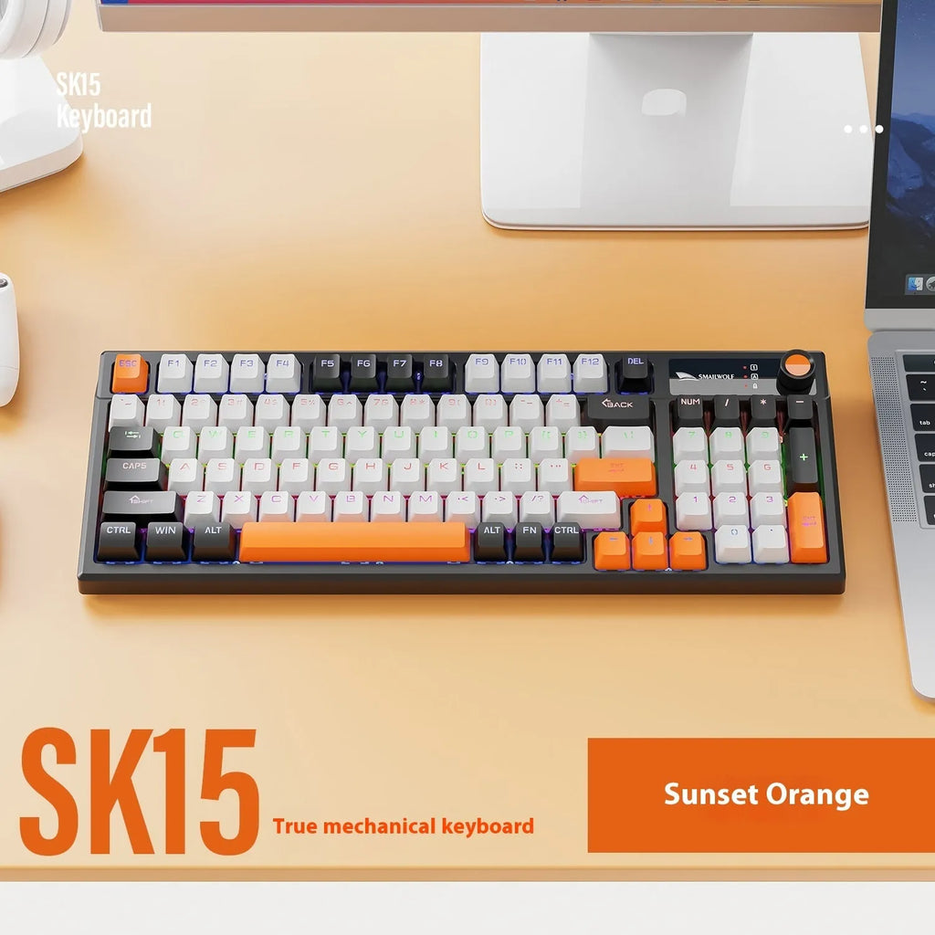 SK15 wired mechanical keyboard with control knob in Autumn Water Blue colour on UK desk setup