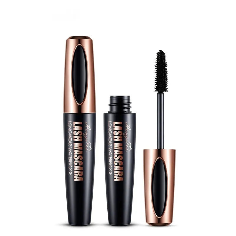 Black waterproof mascara tube for thick, curled lashes with opp bag packaging.