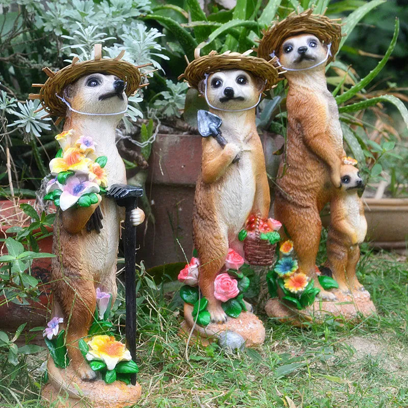 Straw hat mongoose ornament in resin and plastic with detailed animal features and miniature tools