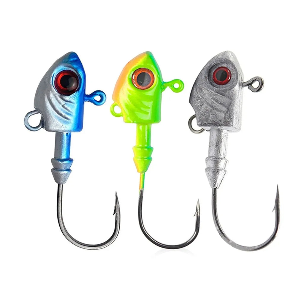 Yayu shaped lead fishing jig head hooks in blue, silver, and yellow colours showing different weights.