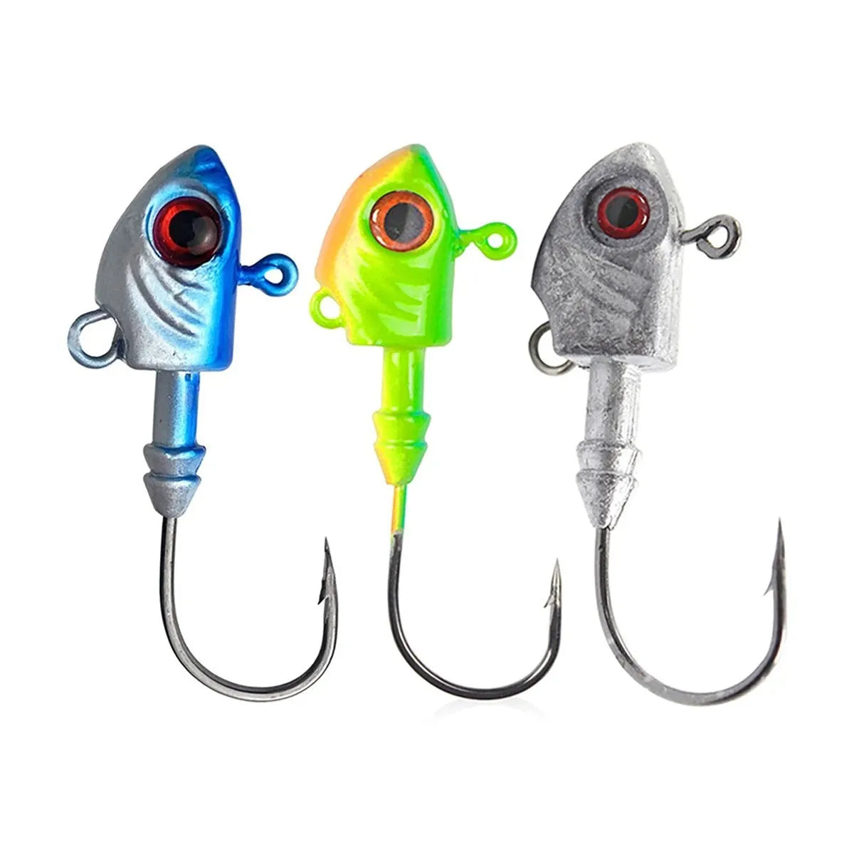 Yayu shaped lead fishing jig head hooks in blue, silver, and yellow colours showing different weights.