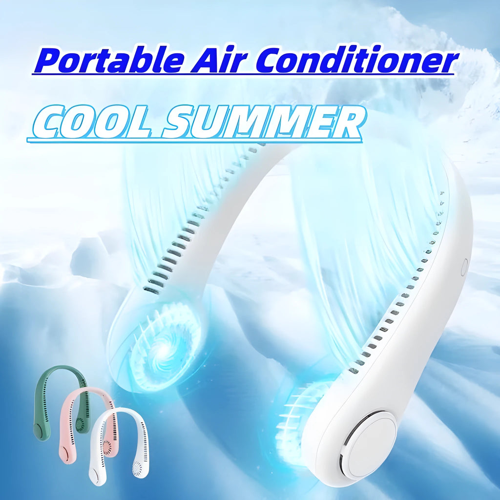 White bladeless neck fan hanging around neck showing decentralised air outlet design