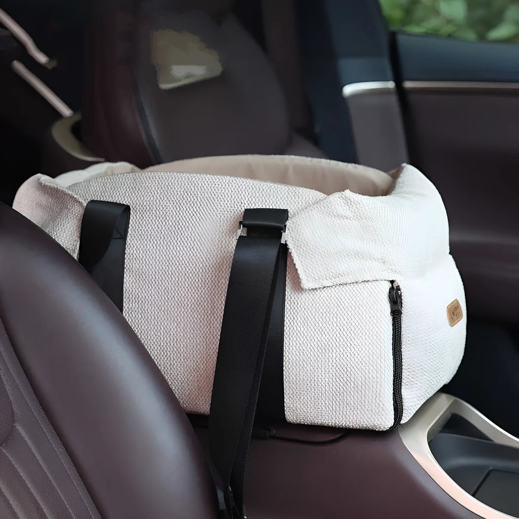 Beige and white polyester pet car nest and bed for small dogs, shown with dimensions 23x20x40cm.