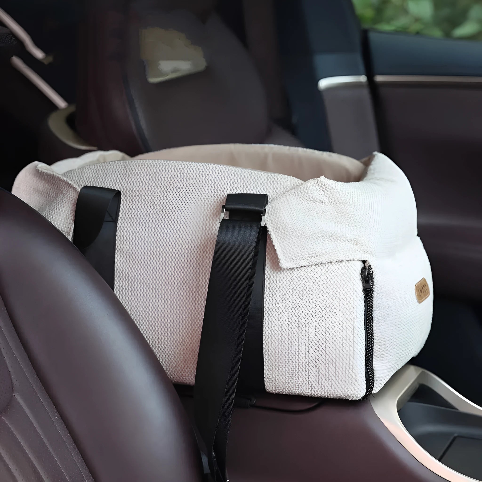 Beige and white polyester pet car nest and bed for small dogs, shown with dimensions 23x20x40cm.