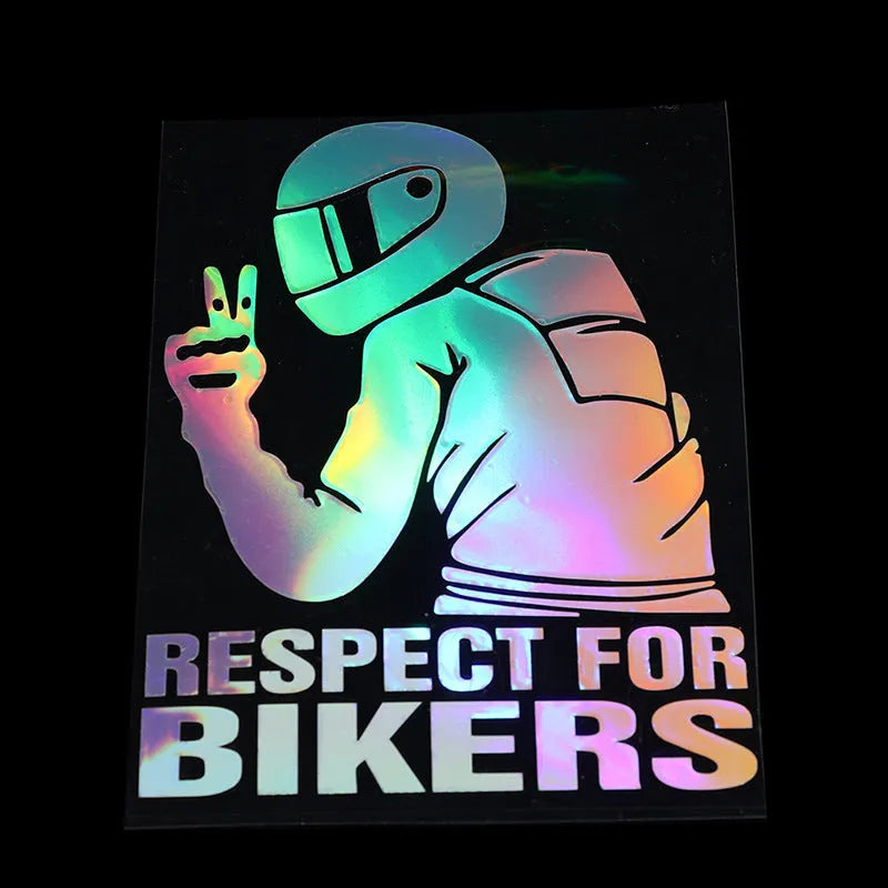 Respect for Bikers 15cm by 11cm vinyl car sticker in reflective silver colour on a vehicle window.