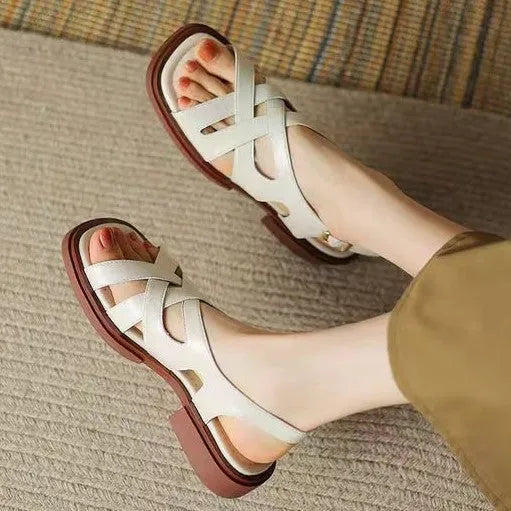 Women's patent leather low heel square toe beach sandals in black, brown, or off white with rubber sole