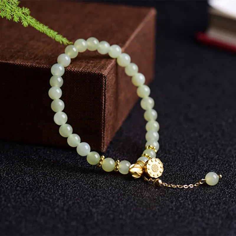 Shihuan natural Hetian jade sunny water bracelet with fu character and constellation detailing on 6mm beads