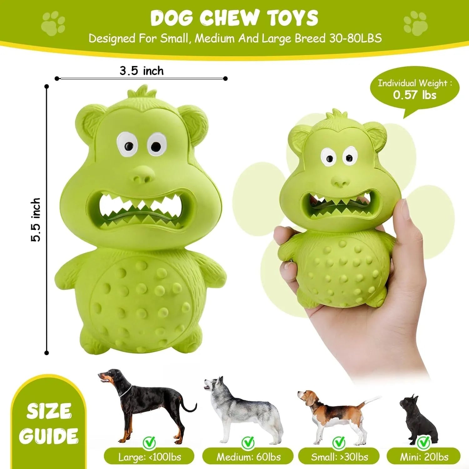 Green and yellow natural rubber squeaky dog toy for aggressive chewers with 30% thicker construction