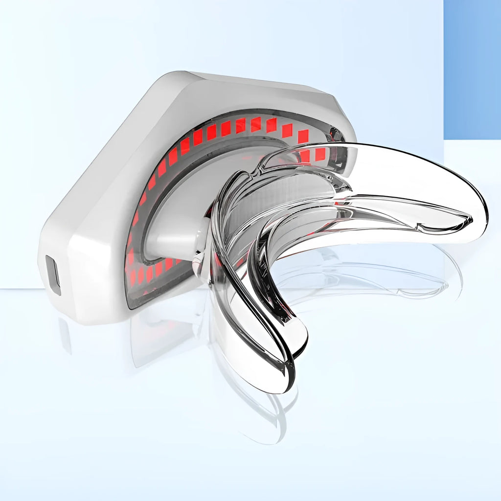 White plastic red light lip care instrument with DC 5V 2A input and 3.7V 450mAh cell