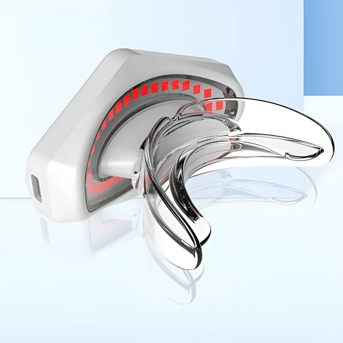 White plastic red light lip care instrument with DC 5V 2A input and 3.7V 450mAh cell