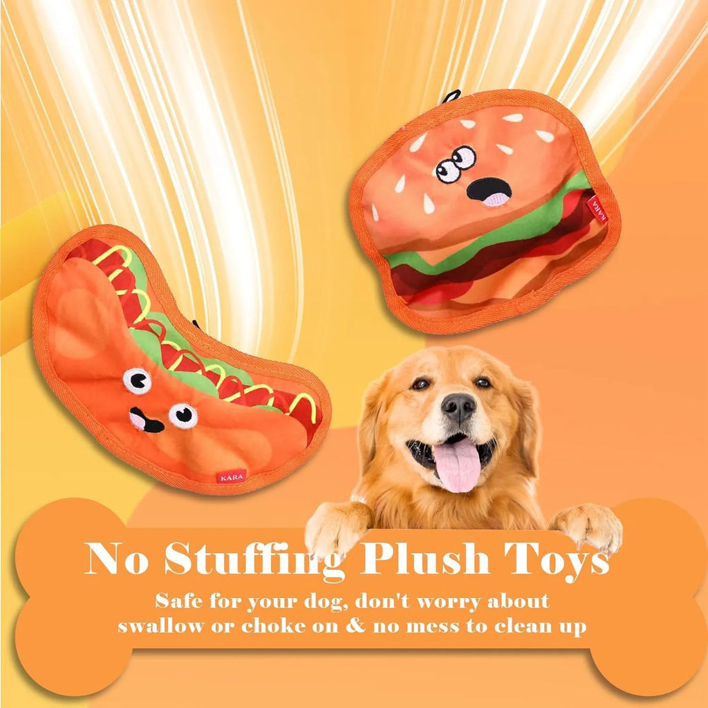 Set of four colourful fast-food shaped dog toys: hamburger, fries, hot dog, and pizza, featuring crinkle and squeak sounds.