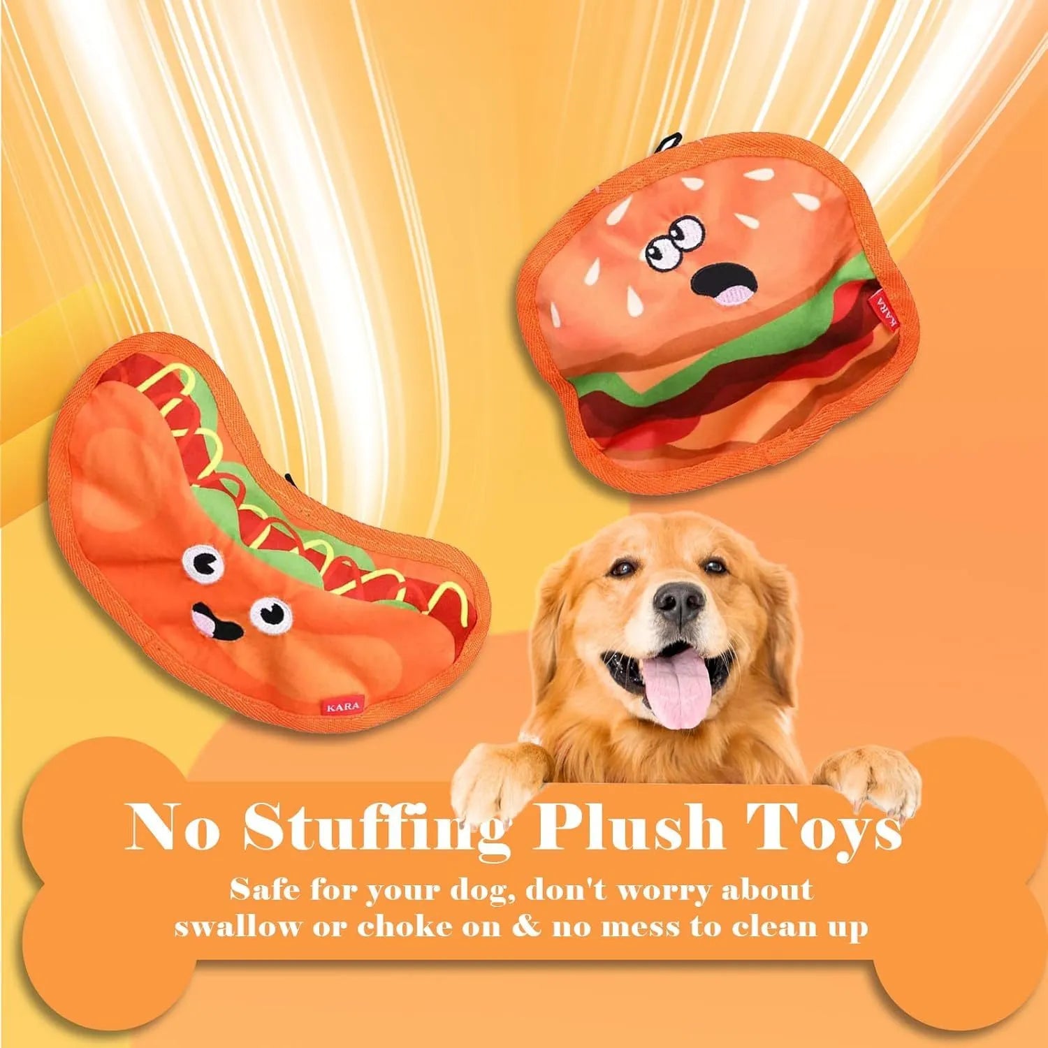 Set of four colourful fast-food shaped dog toys: hamburger, fries, hot dog, and pizza, featuring crinkle and squeak sounds.