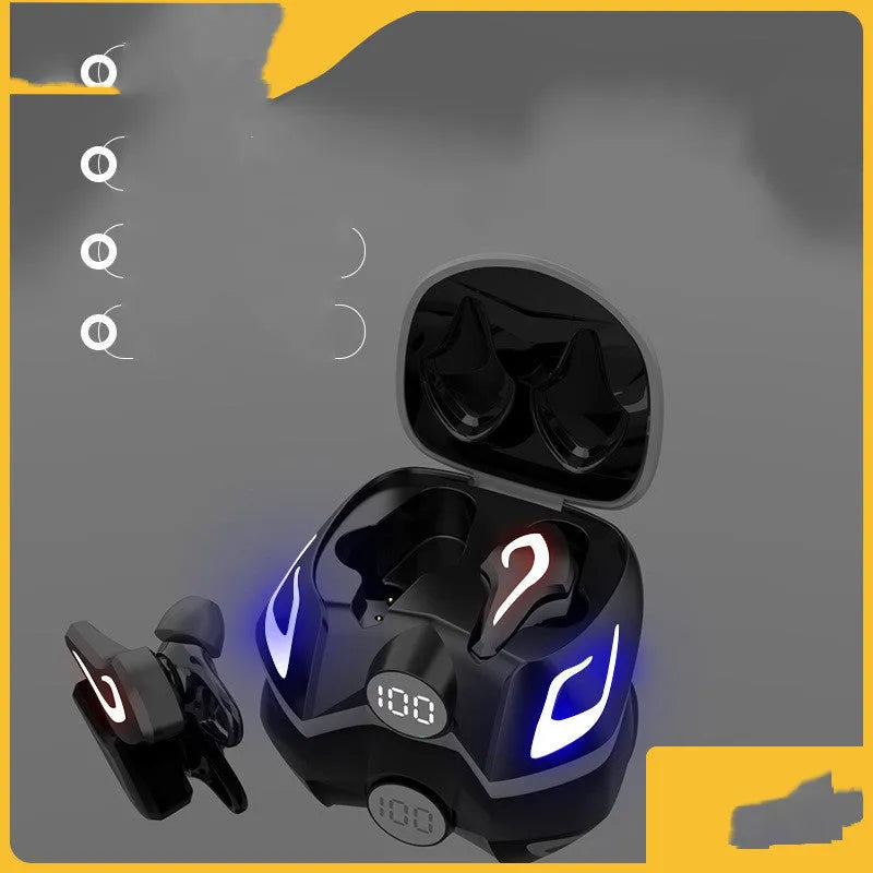 Gaming Bluetooth headset with earplug design in black grey, yellow, or cool black colour options showing wireless earpieces