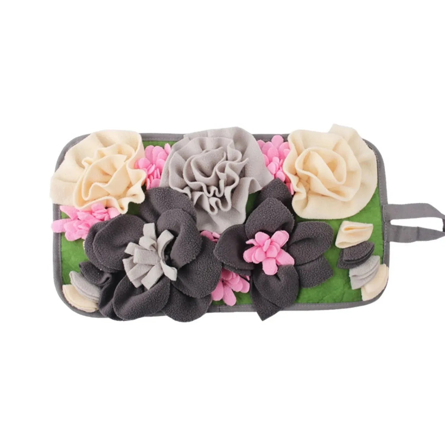 Grey square Totoro garden foraging mat for rabbits and guinea pigs showing four-sided design