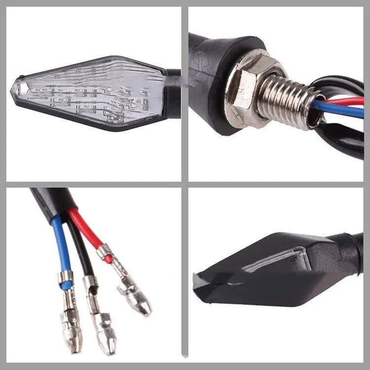 Motorcycle turn signal lights with plastic LED construction showing yellow and blue illumination