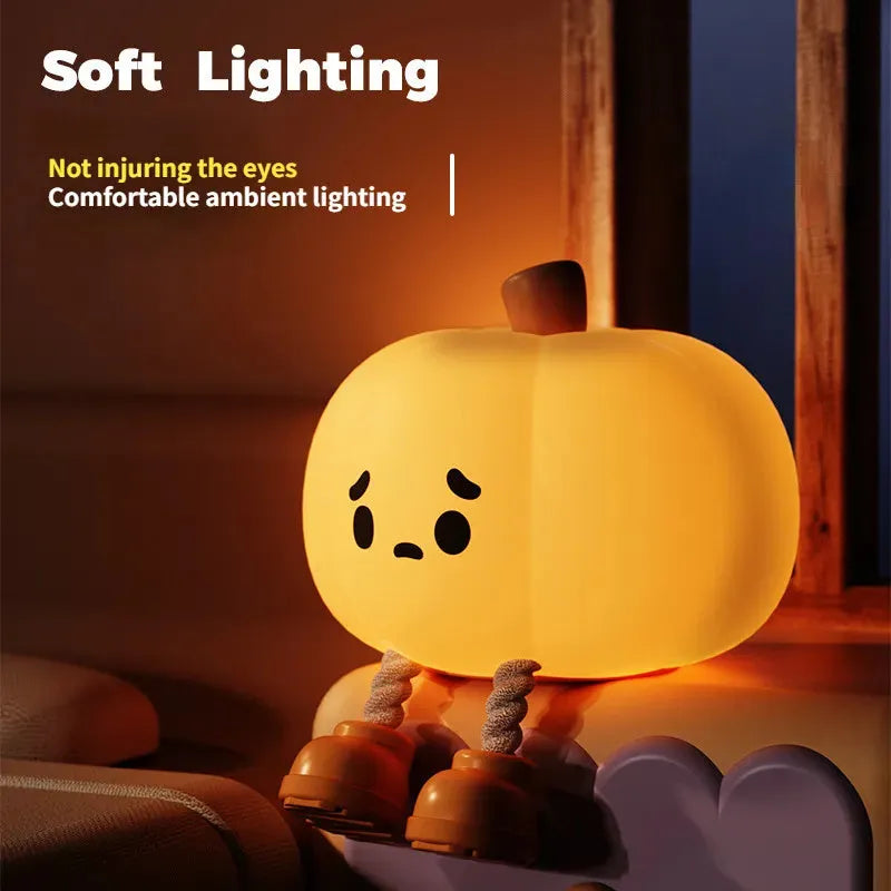 Soft silicone pumpkin night light with USB rechargeable battery and touch dimming controls