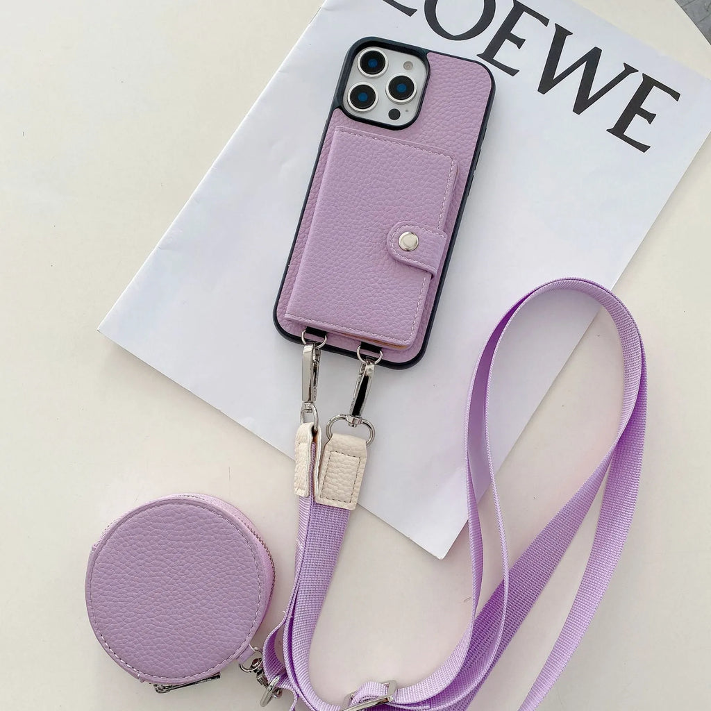 Black PC leather card holder phone case for iPhone with lanyard loop and card slots visible.
