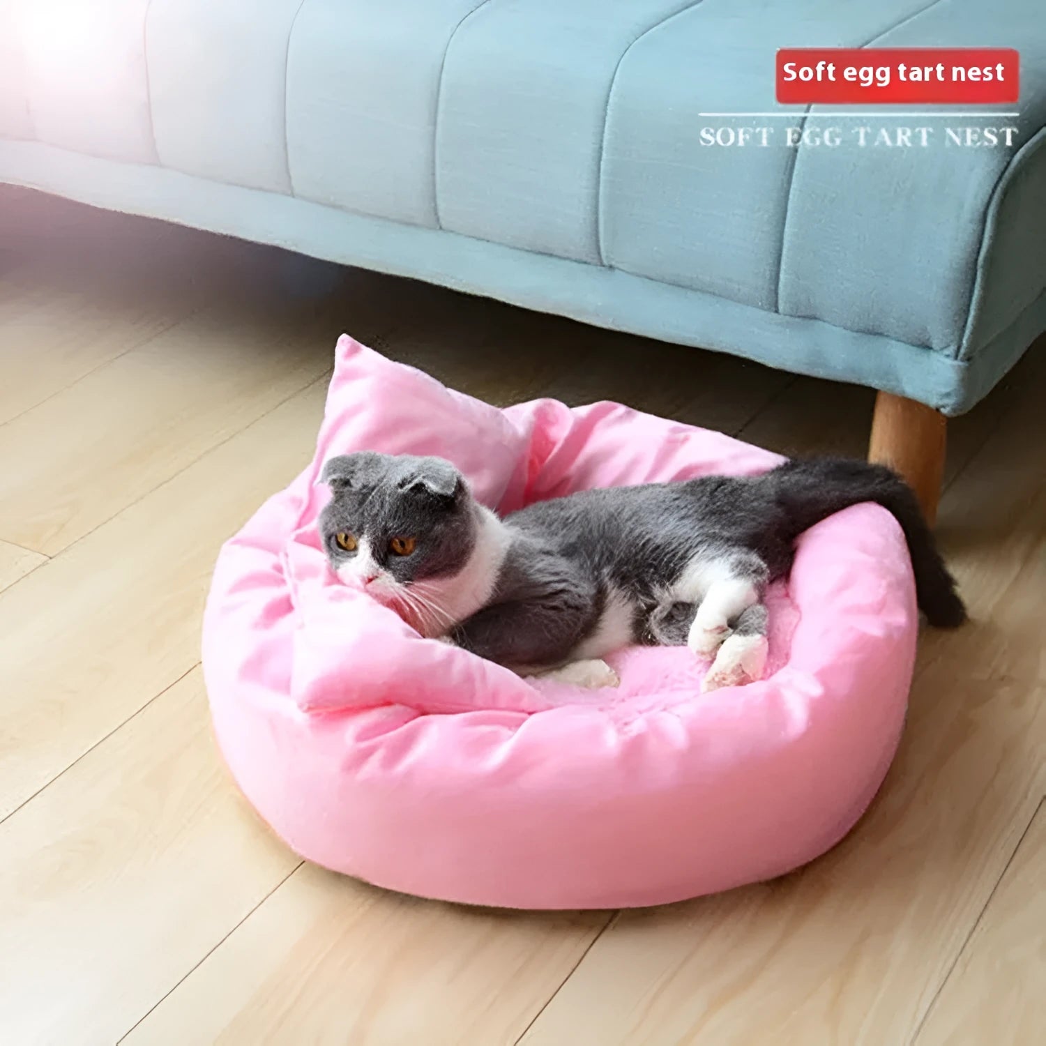 Circular dog bed with PP cotton filling and pillow in light grey colour