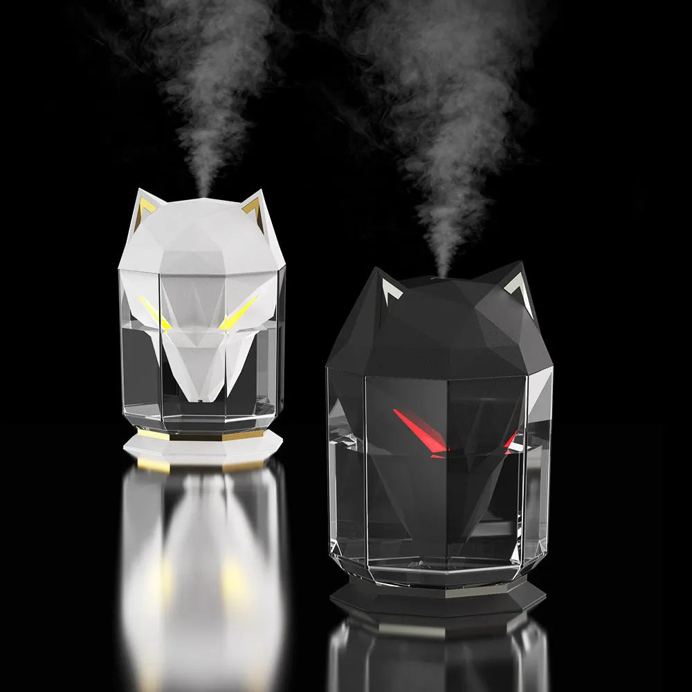 War Wolf ultrasonic air humidifier with colourful LED lights on desktop with USB cable