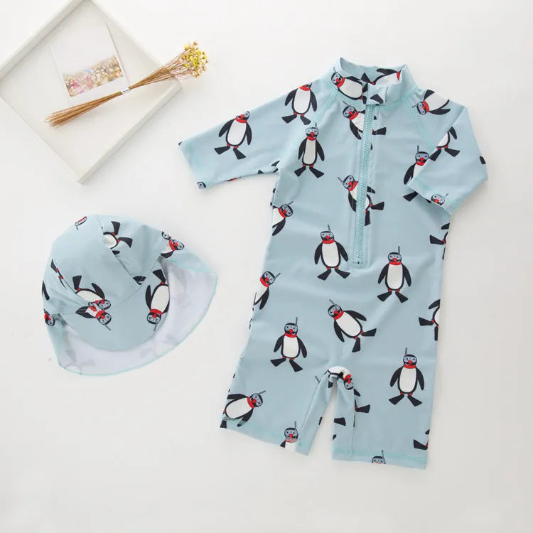 Boy's penguin print long sleeve swimsuit with matching swimming cap for beach sun protection