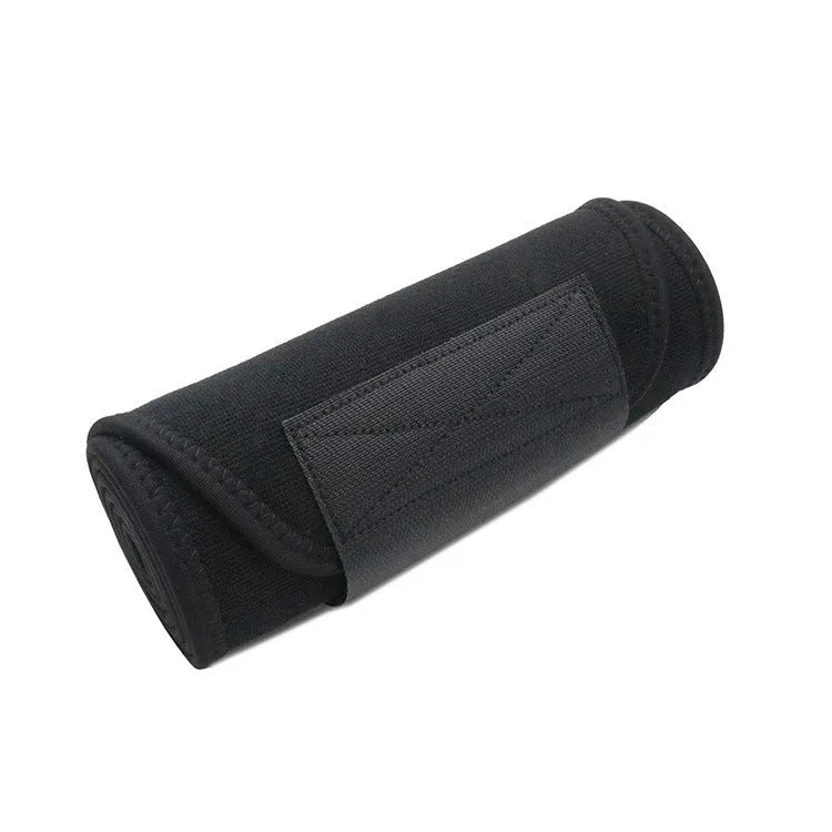 Neoprene lumbar support belt wrapped around waist showing adjustable hook-and-loop closure in black colour