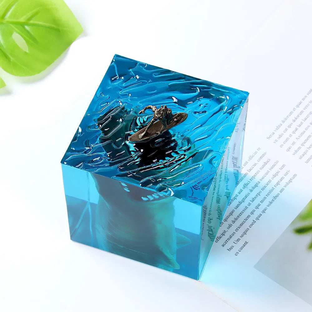 Ocean Shark Surfer resin night light ornament with integrated LED holder in 5cm or 8cm size, showing handcrafted shark surfing scene