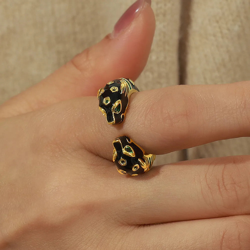 Geometric open ring with black cheetah pattern, copper construction, UK size 7 women's jewellery