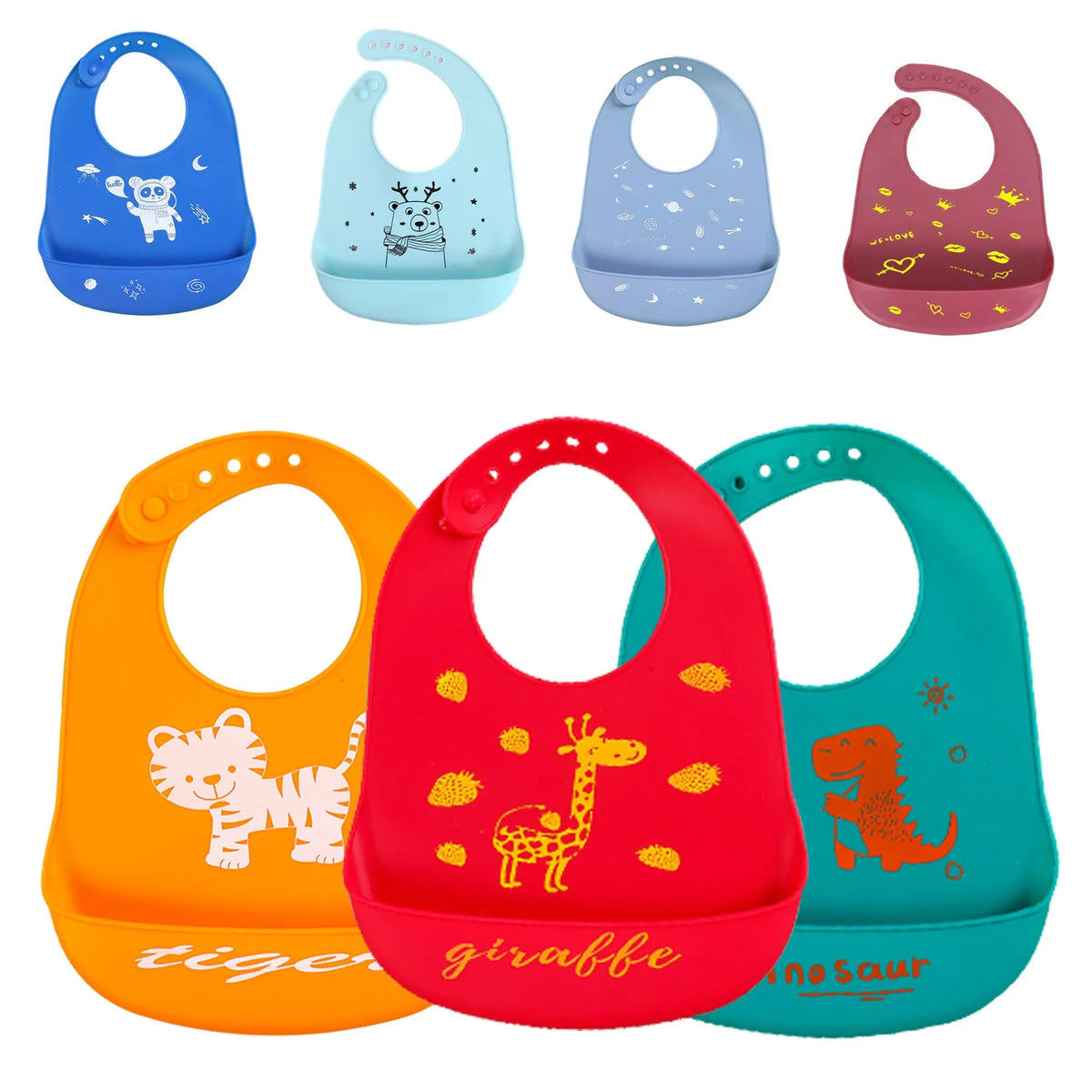 Cartoon printed silicone baby bib with waterproof and antifouling function for babies and children aged 0-6 years